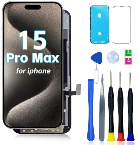FNKJYND FHD LCD für iPhone 15 Pro Max Bildschirm Ersatz A2849 für iPhone 15 Pro Max Display A3105 A3106 A3108 Screen Digitizer 3D Touch Assembly Repair Part Kit mit Werkzeugen
