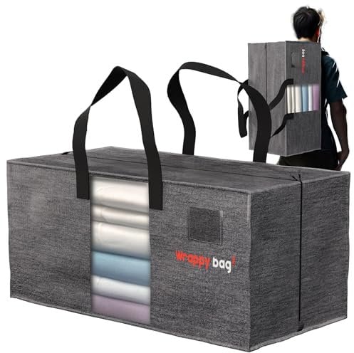 WRAPPYBAG Set de 4 Bolsas de Plástico Grandes – Bolsas Jumbo XXL para Mudanza y Almacenaje – Impermeables Reutilizables y con Correas de Mochila Reforzadas – Ideal para Ropa y Ropa de Cama–76x36x38cm