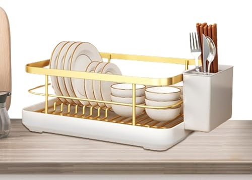 Escurridor de platos, multifuncional, organizador de platos de cocina, estante de secado con soporte para cubiertos, bandeja de goteo, estante de secado que ahorra espacio, solución de secado de