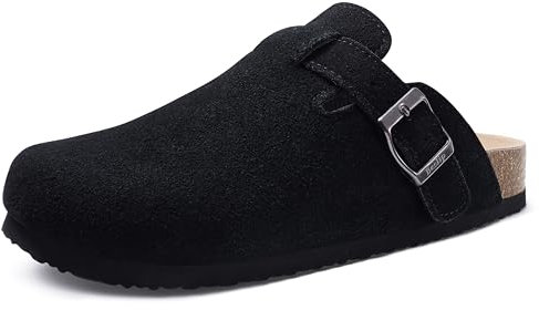 Beslip Women's Suede Clogs Soft Cork Footbed Leather Mules Comfort Potato Shoes with Arch Support, Black Women Size 4-4.5
