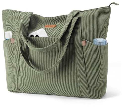 Lekespring Cord Tasche Damen, Groß Tote Bag Strandtasche mit Reißverschluss, Shopper Tasche Damen Laptoptasche mit 17 Zoll Laptopfach, Elegant Handtasche Umhängetasche für Arbeit Schule Gym-Grün