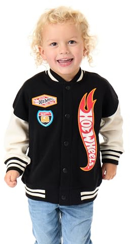 Hot Wheels Jungen Bomberjacke | Kinder Flammen-Logo Grafik Print College-Jacke in Schwarz | Kinder Turbo-Rennauto Druck Reißverschluss Baseballjacke