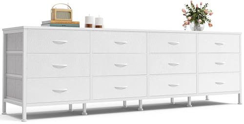 Huuger 70 Inch Dresser for Bedroom, TV Stand for 65, 75, 80 Inch TV, 12 Fabric Drawer Long Dresser, Large Storage Organizer Unit, Wide Chest of Drawer with Storage, for Living Room, White