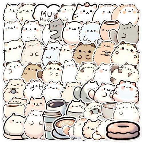 50 Stück süße fettige Katzen-Aufkleber, Kawaii Pusheen Aufkleber für Wasserflasche, Computer, Tassen, Gitarren Telefone, Vinyl Wasser Dicht