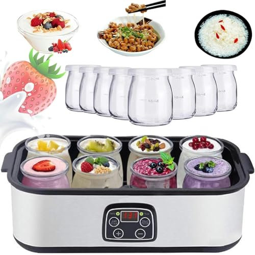 FKINGLRK Yaourtière 1400ML, Machine à Yaourt Électrique Multifonction, avec Écran LCD, 8 Pots en Verre, Contrôle de Température et de Temps Réglables, pour Desserts Maison