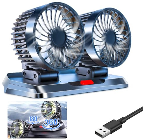 KUWUNG Dual Head USB Car Fan, 360° Rotatable Vehicle Cooling Fan with 3 Speeds, Powerful Quiet Dashboard Air Circulator for Cars, Vans, SUVs, Home Office & Camping, Universal 5V USB Powered - Black