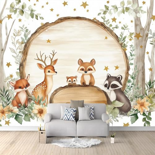 Papier Peint Panoramique Dessin Animé Animaux Forêt Marron Orange 350 X 256 Cm(Wxh) Poster Géant Mural 3D,Décoration Murale Premium,Pour Salon,Chambre Adulte,Chambre D'Enfants & Bureau