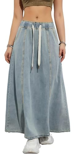 SUIUOI Dam A-linje lång jeanskjol, hög midja, vardaglig denimkjol, elegant sommarkjol, fritidskjol, Ljusblå, XL