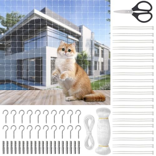 Katzennetz für Balkon, 3 x 10M Nylon Katzenschutznet, 2.5 cm Vogelnetze Taubenschutznetz Loch Balkonnetze mit Befestigungsseil Zubehör Scheren und Weib Kabelbinder für Fenster Oberlichter Terrasse