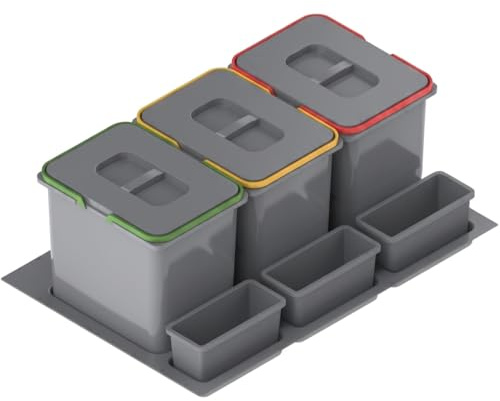 REJS Système de Tri Sélectif Cuisine pour Meuble de 80 cm 3 Bacs 72,5x49x40 cm (3x 20L) avec Couvercle Poubelle Encastrable for Tiroirs Set de Bacs à Ordures Argenté