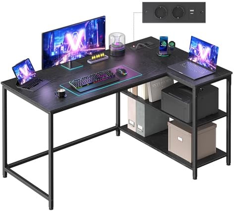 VASAGLE Eckschreibtisch in L-Form, Computertisch, 120 x 80 cm | mit Stauraum, höhenverstellbare Ablage, 2 AC-Steckdosen und 2 USB-Anschlüssen, ebenholzschwarz, BARNET Kollektion LWD132BE01