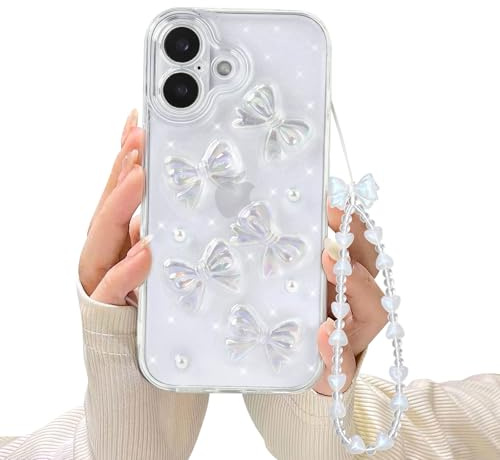 Reownest Hülle Kompatibel mit iPhone 17 Case mit Kette Cute Schleifen und Perlen Aesthetic Muster für Frauen Teenager Mädchen Glitzer Glitzer Handyhülle für iPhone 17