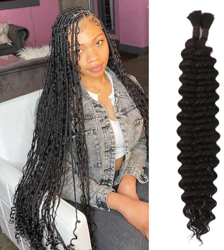 Human Braiding Hair for Boho Braids,100g Deep Wave (1B#, 26 Inch) | No Weft,2Bundles Wet and Wavy Curly Boho Hair for Braiding,Knotless Braids,Micro Bohemian Braid,Long-lasting,Tangle Free