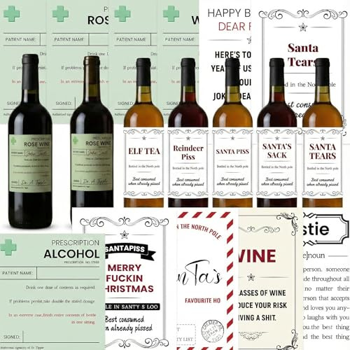 15PCS Funny Novelty Prescription Wine Bottle Stickers Set - Joke Secret Santa Waterproof Labels for Stocking Party Decorations Xmas Theme Fun Wraps for Boys or Girls Easy Peel and Stick Application