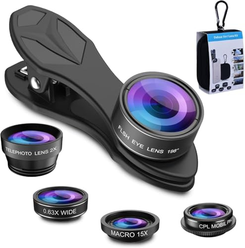 BAONUO Mobile Phone Camera Lenses 5 en 1,Lente para Camara de movil,0,63 X y Objetivo Macro 15X + Lente Ojo de pez de 198°/CPL, para iPhone Samsung y la mayoría de los teléfonos Inteligentes