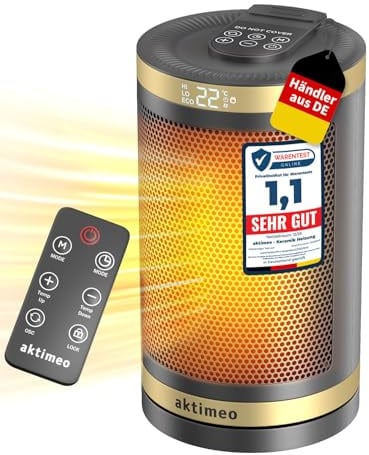 aktimeo NEU Heizlüfter energiesparend [TESTSIEGER], 1500W elektrischer Keramik Heizlüfter mit Thermostat, Überhitzungs-, Kipp- und Kinderschutz, 12 Std. Timer, Heater, inkl. Fernbedienung, gold