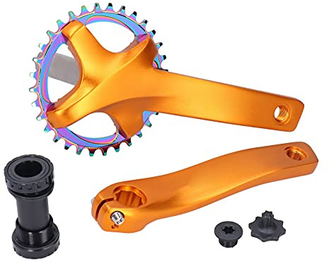 ANKROYU ZK22 Fahrrad-Kurbelgarnitur mit Innenlager, 34 Zähne, Single-Speed-Kurbelgarnitur, Kettenblatt, Aluminiumlegierung für Mountainbike, leichte, langlebige 170 mm 6,7 Zoll Kur (Gold)