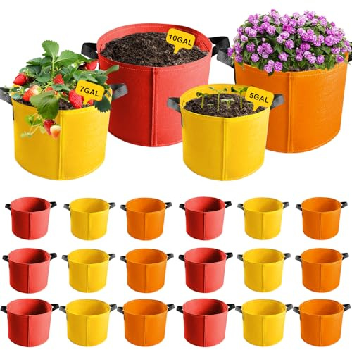YZNlife 18-Pack 5 Gallon 7 Gallon 10 Gallon Heavy Duty Thickened Nonwoven Fabric Pots Potato Grow Bags with Handles Multicolor Breathable Felt Fabric Plant for Potatoes Vegetables Tomato Carrot Onion
