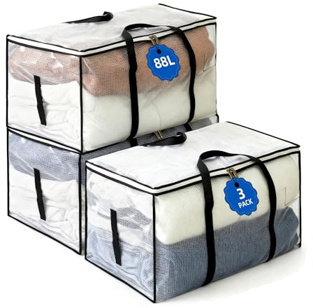 NEWSONA 3 Pezzi Borse Trasloco 88L, Contenitori Pieghevoli Trasparenti in PVC Rinforzato 135 g/m², per Vestiti Piumoni Biancheria, Maniglie Rinforzate, Doppia Cerniera in Metallo