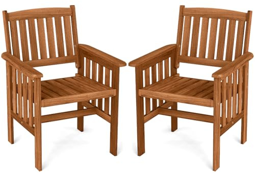 GOPLUS 2er-Set Gartenstühle Holz, Balkonstuhl mit Rückenlehne & Armlehnen, Balkon Stühle Outdoor, Gartensessel Terrassenstühle Balkonmöbel, Holzstühle für Garten, Terrasse & Balkon, 63 x 59 x 89 cm