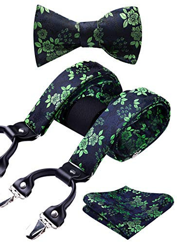 HISDERN Grün Herren Hosenträger mit 6 starken Clips Extra Breit Paisley Y Form Hosenträger für Herren mit Fliege Einsteckuch Set…