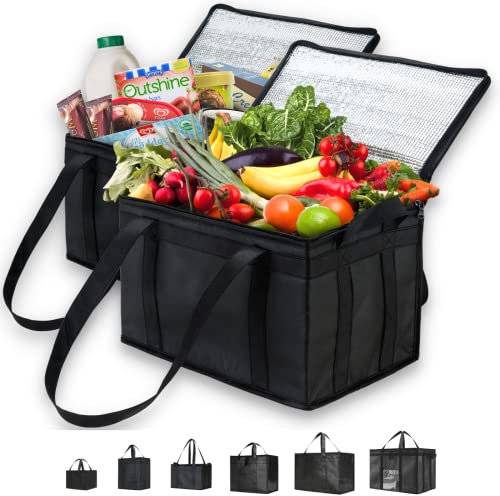 NZ Home Insulated Cooler Bag (22L, Large, 2 Pack) for Food Delivery & Grocery Shopping with Zippered Top, Black