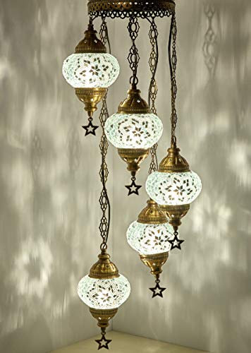 DEMMEX Lustre à fil dur en mosaïque marocaine turque - Suspension - Fait à la main - Personnalisable (5 globes câblés, 105 cm de hauteur)