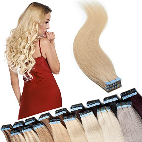 SEGO Tape in Extensions Echthaar Haarverlängerung Klebeband Haarteil 100% Remy Human Haar (40 stück+10pcs free tapes) Hellblond#613 24(61cm)
