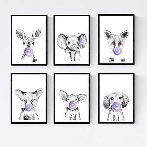 Nacnic 6. September Poster Babytiere mit Bubblegum. Pig Deer Elefant Fox Bär Perro.Tamaño A4