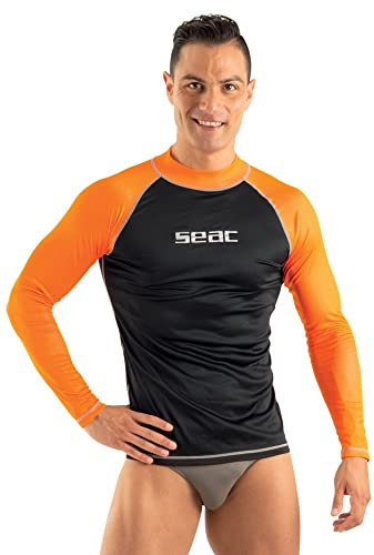 SEAC T-Sun Long Man, Camiseta de protección Rash Guard para esnorkel y natación Anti UV, Negro/Naranja, L