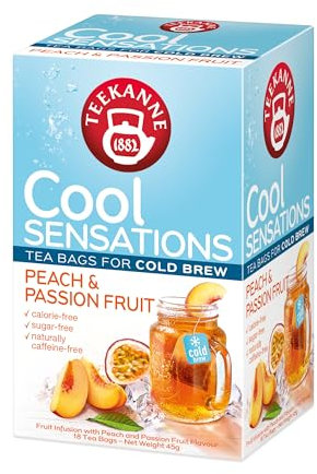 Teekanne Peach & Passion Fruit Cold Brew Tea Infusion Ice Cool Sensations All Natural Real Fruit with Apple, Rosehip, Hibiscus 18 Teabags