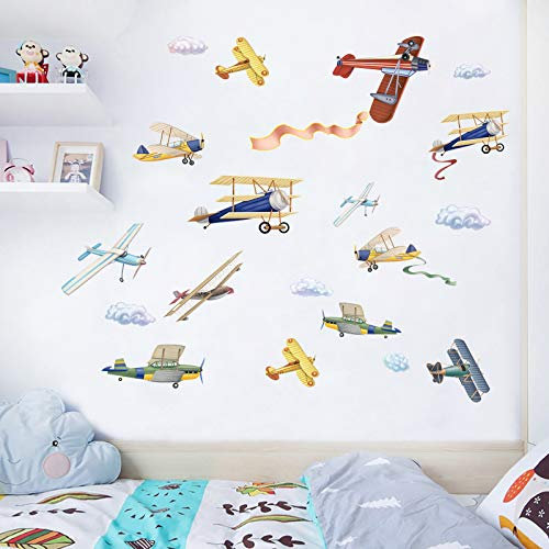 4 Stück entfernbare Aquarell-Wandaufkleber, für Kinderzimmer, Spielzimmer, Kinderzimmer, Flugzeug, Wanddekoration, 24,9 x 45,7 cm