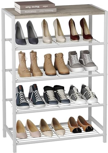 HOME BI 5 Tier Shoe Rack, Industrial Metal Shoe Storage Organizer,Small Shoe Shelf Narrow Shoe Bench Racks with Wood Top for Closet, Hallway, Entryway, Living Room, White