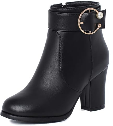 Onewus Stivaletti da donna con tacco a blocco, con cerniera, ecopelle nera, 46 EU