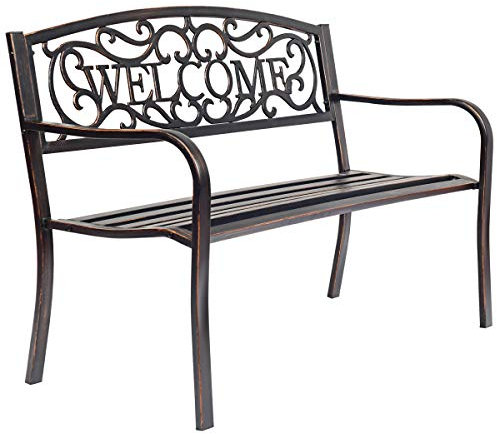 RELAX4LIFE Gartenbank Metall, Parkbank Wetterfest, Sitzbank mit Rückenlehne & Armlehne, Eisenbank für 3 Sitzer, Ruhebank Retro, Gartenmöbel Gusseisen, Bank für Garten Park Balkon (Welcome-Bronze)
