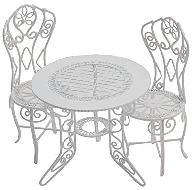 Melody Jane Dolls House White Wrought Iron Bistro Table Set Miniature Garden Patio Furniture