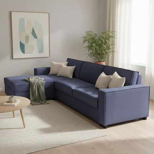 Talamo Italia - Schlafsofa mit Halbinsel Adelina, Sofa mit linker Stauraumhalbinsel, Standardarmlehnen, 100 % Made in Italy, 280 x 95 x 90 cm, Blau