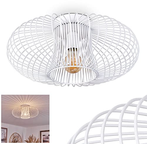 HOFSTEIN Deckenleuchte Wemude, runde Deckenlampe aus Metall in Weiß, Lampe Wohnzimmer, Moderne 1-flammige mit spannendem Lichteffekt durch Gitter-Optik, Vintage Retro-Look, E27-Fassung, Ø 40 cm