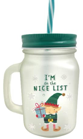 Swan household ® - Christmas Character Novelty Mason Glass Drinking Juice Jar/Milk Bottle with Straw 15 x 10 cm (Penguin) (Elf)
