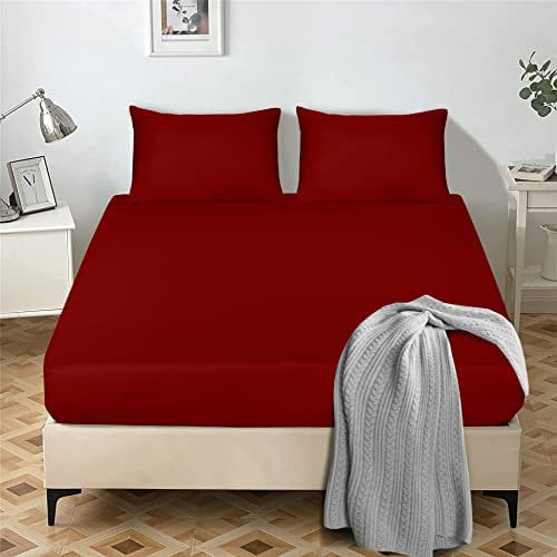 My home store Fitted Sheet 25 cm Deep Brushed Microfiber Ultra Soft No-Iron Wrinkle-Resistant Plain Dyed Fitted Bed Sheets Hypoallergenic Breathable Sheets (Red, King)