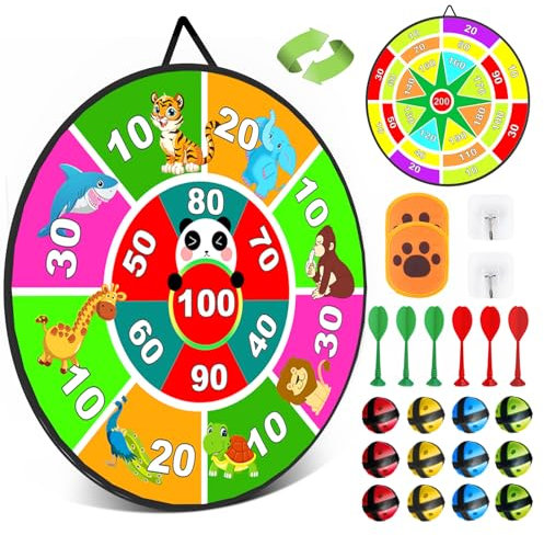ANDIMEI Klett Dartscheibe Kinder Dart - 66cm Faltbares Doppelseitiges Wurfscheibe mit Tier Motiven und Zahlen, inkl.12 Bällen 6 Pfeilen 2 Klettball 2 Haken, Dartboard Dartspiel für Drinnen und Innen