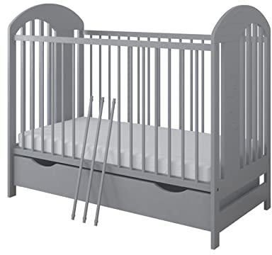kiki design Babybett mit Schublade & Matratze, Babybett mit Schaumstoff Matratze 120x60 cm Höhenverstellbar, Kiefernholz, Mit Motiv Bär - Baby Bett - Kinderbett - Babybetten - Bett Baby Farbe Grau