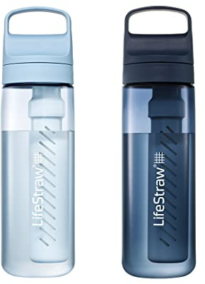 LifeStraw Go Series Lot de 2 bouteilles d'eau sans BPA pour les voyages et une utilisation quotidienne Élimine les bactéries, les parasites, les microplastiques, améliore le goût, 650 ml, bleu