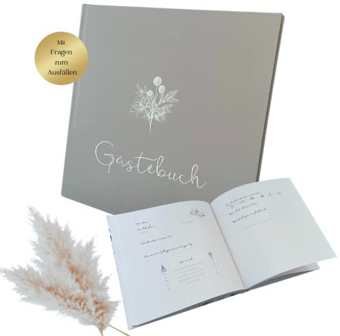 Tales of you Gästebuch zur Hochzeit in Greige mit Fragen zum Ausfüllen, Platz für 40 Einträge