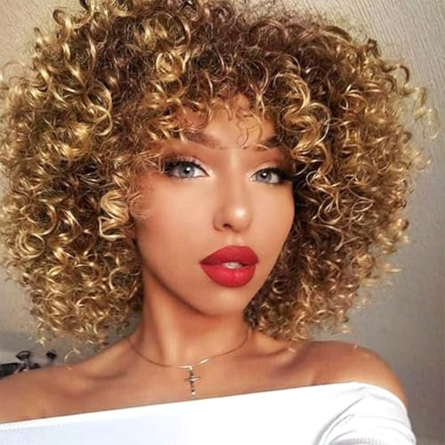PORSMEER Womens Short Curly Afro Wigs with Fringe Natural Looking Synthetic Heat Resistant Hair Brown Mixed Blonde Wig for Ladies Cosplay and Daily,14 Inch