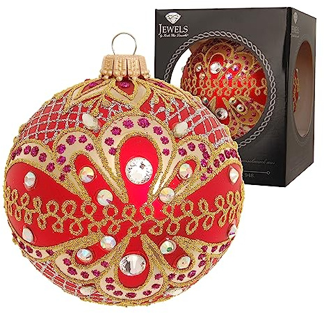 Krebs Glas Lauscha - Weihnachtsdekoration/Christbaumschmuck aus Glas - Weihnachtskugeln - Farbe: Rot - Verziert mit Strasssteinen - Größe: 8 cm