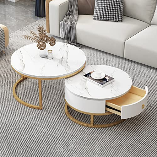 Runder Couchtisch, 2er-Set, Beistelltisch-Set mit Schubladen, Sofatisch mit Schiefer-Marmor-Textur, Metallrahmen, moderner Teetisch für Schlafzimmer, Wohnzimmer, Möbel, Dekoration, Multip