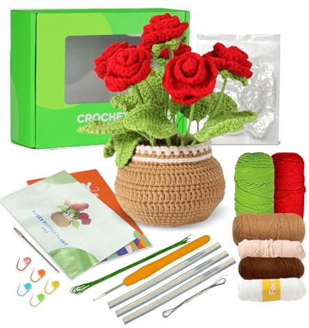 Ktmeor Kit de crochet pour débutants, kit de fleurs au crochet, kit de démarrage avec tutoriels vidéo étape par étape, fournitures de tricot à faire soi-même, 40 % de fil d'entraînement supplémentaire