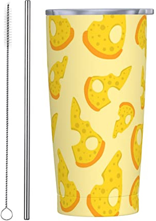 Melbrakin Becher mit Nudel-, Käse- und Lebensmittelmuster, mit Deckel und Strohhalm, 590 ml, vakuumisolierter Edelstahlbecher, wiederverwendbare Kaffeetassen, Reisebecher