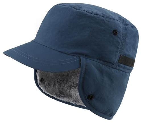 Decentron Mens Winter Hat with Brim Warm Earflaps Hat Faux Fur Baseball Cap Dark Blue